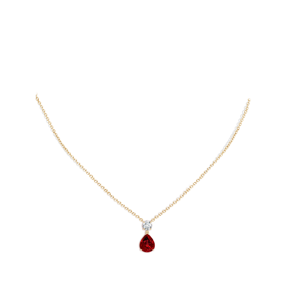 10x8mm Labgrown Lab-Grown Solitaire Pear Ruby Drop Pendant with Lab Diamond Accent in Yellow Gold pen