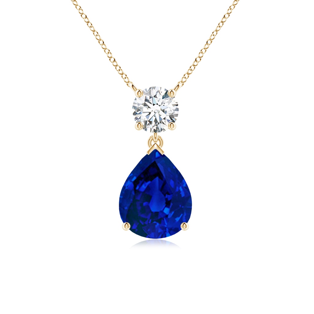 10x8mm Labgrown Lab-Grown Solitaire Pear Blue Sapphire Drop Pendant with Lab Diamond Accent in Yellow Gold