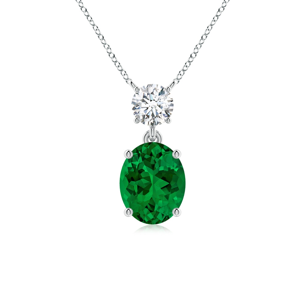 10x8mm Labgrown Lab-Grown Solitaire Oval Emerald Drop Pendant with Lab Diamond Accent in 18K White Gold