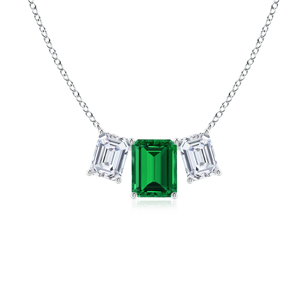 9x7mm Labgrown Lab-Grown Emerald-Cut Emerald Three Stone Pendant in White Gold