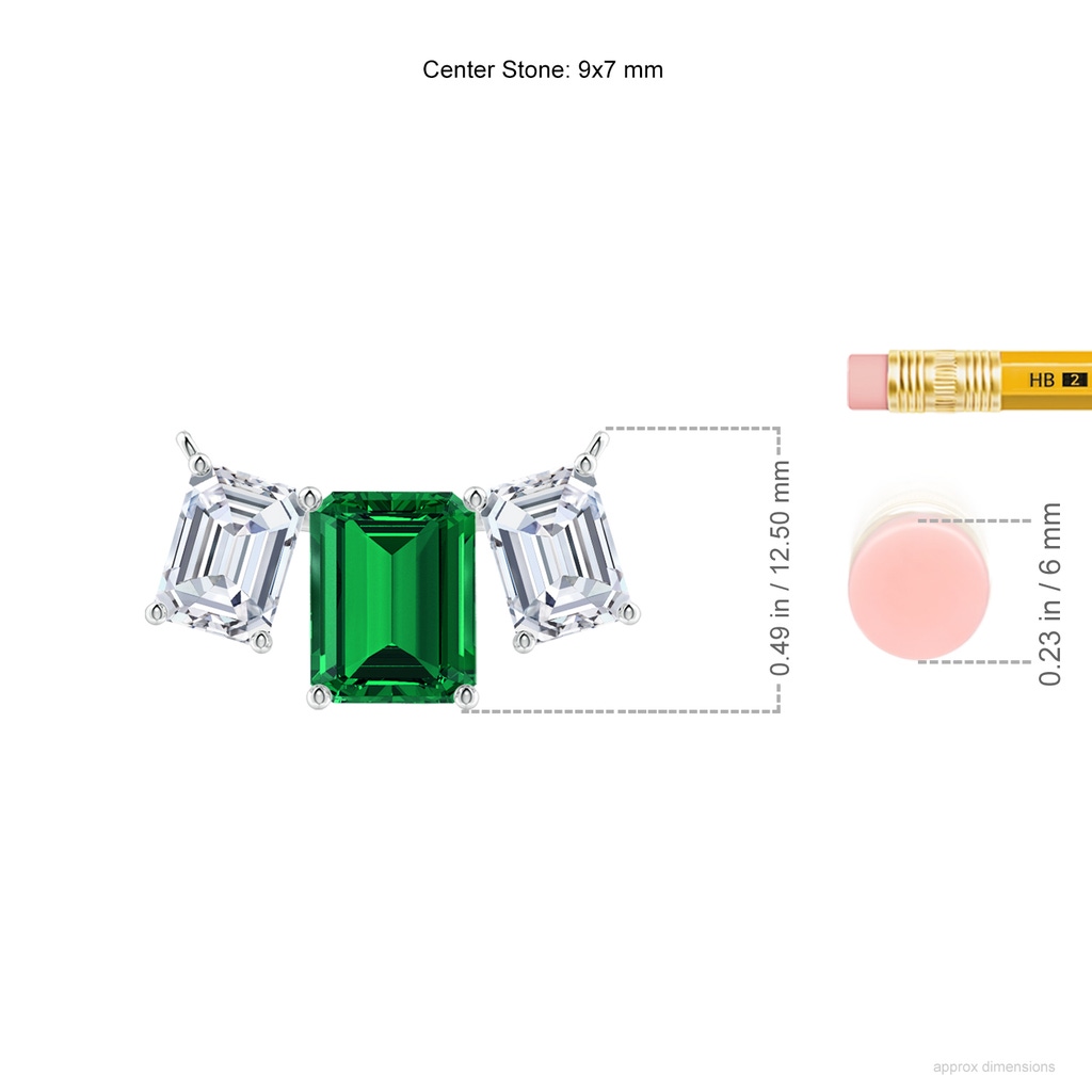9x7mm Labgrown Lab-Grown Emerald-Cut Emerald Three Stone Pendant in White Gold ruler