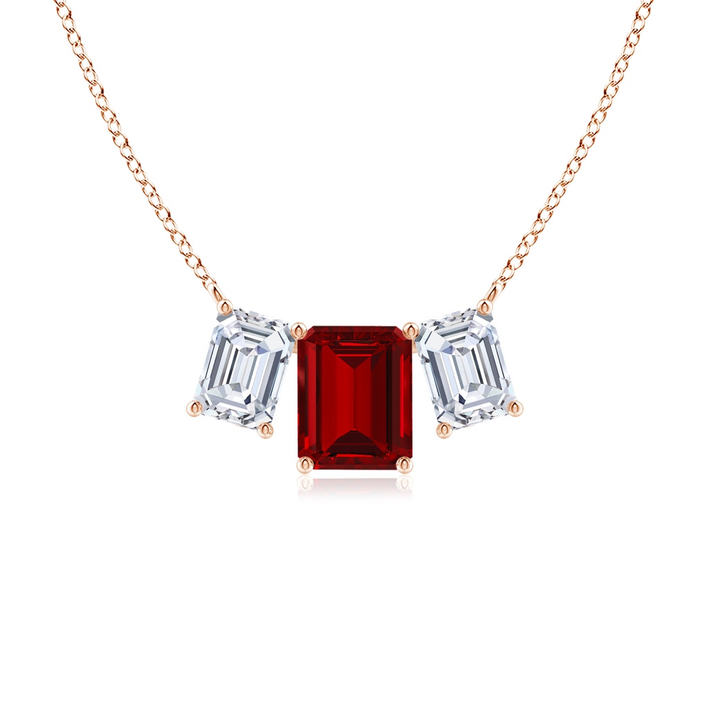 10x8mm Labgrown Lab-Grown Emerald-Cut Ruby Three Stone Pendant in Rose Gold