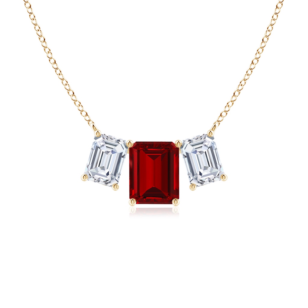 10x8mm Labgrown Lab-Grown Emerald-Cut Ruby Three Stone Pendant in Yellow Gold