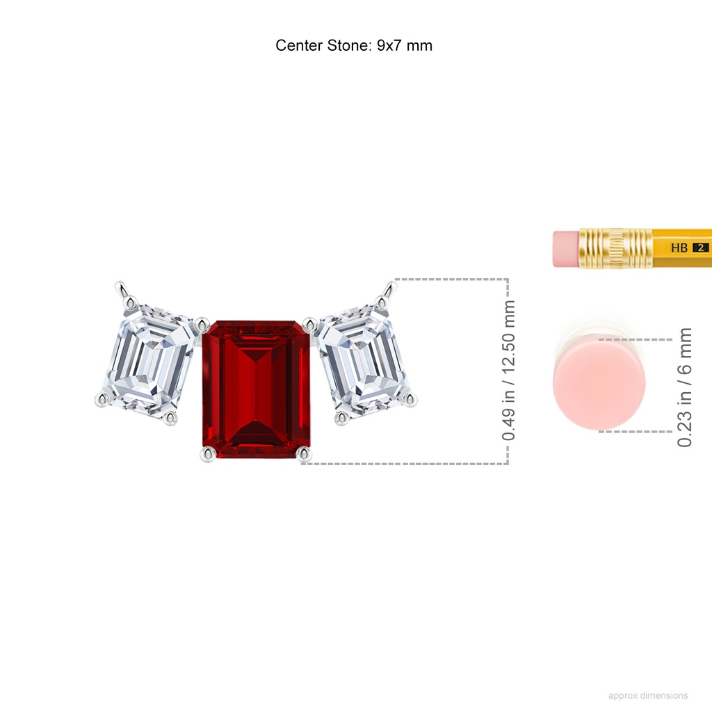 9x7mm Labgrown Lab-Grown Emerald-Cut Ruby Three Stone Pendant in White Gold ruler