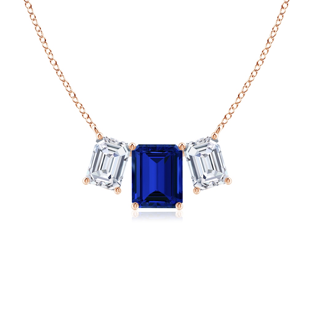 10x8mm Labgrown Lab-Grown Emerald-Cut Blue Sapphire Three Stone Pendant in Rose Gold