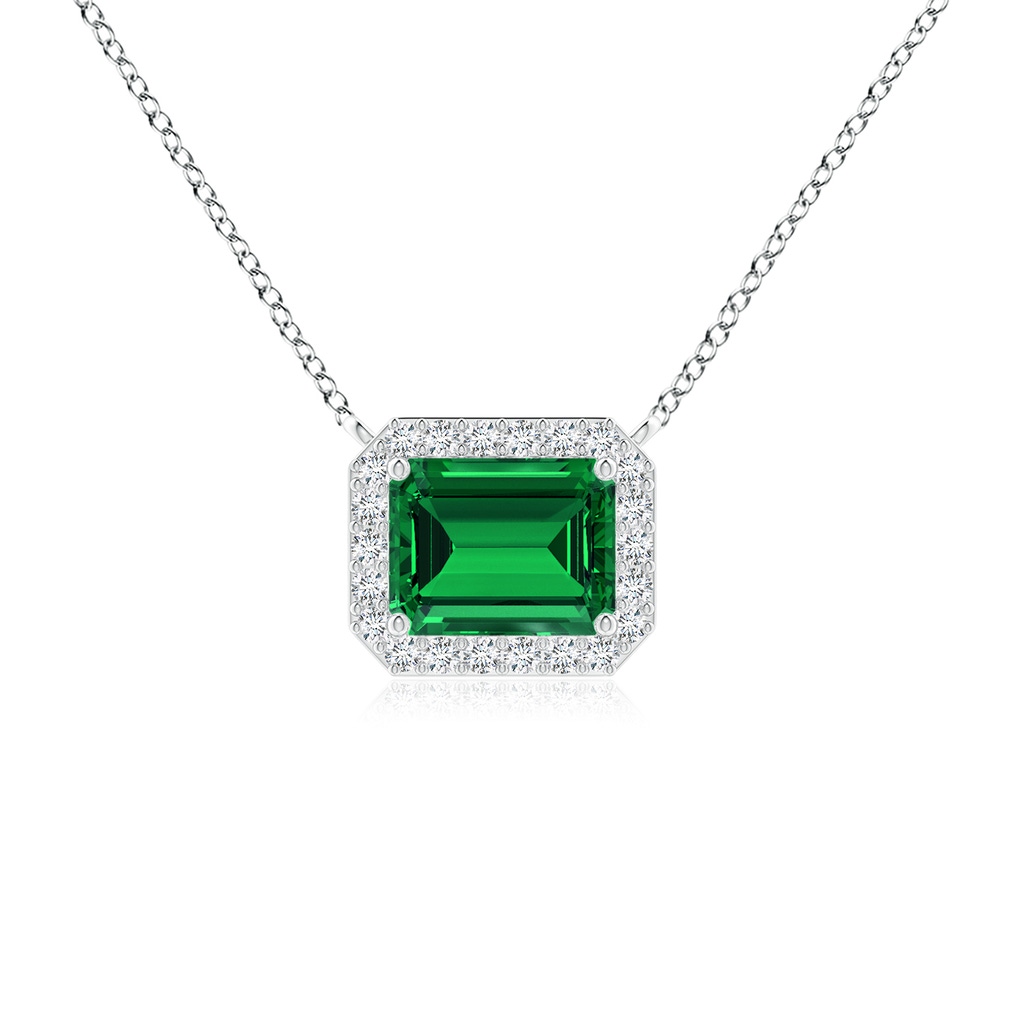 9x7mm Labgrown Lab-Grown Vintage Style East-West Emerald-Cut Emerald Halo Pendant in White Gold