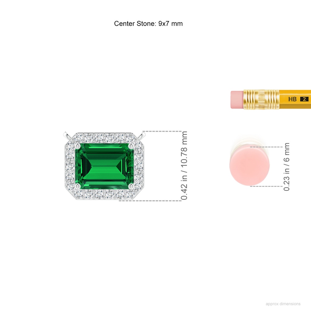 9x7mm Labgrown Lab-Grown Vintage Style East-West Emerald-Cut Emerald Halo Pendant in White Gold ruler