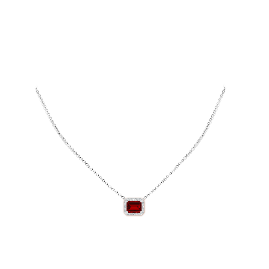 9x7mm Labgrown Lab-Grown Vintage Style East-West Emerald-Cut Ruby Halo Pendant in White Gold pen