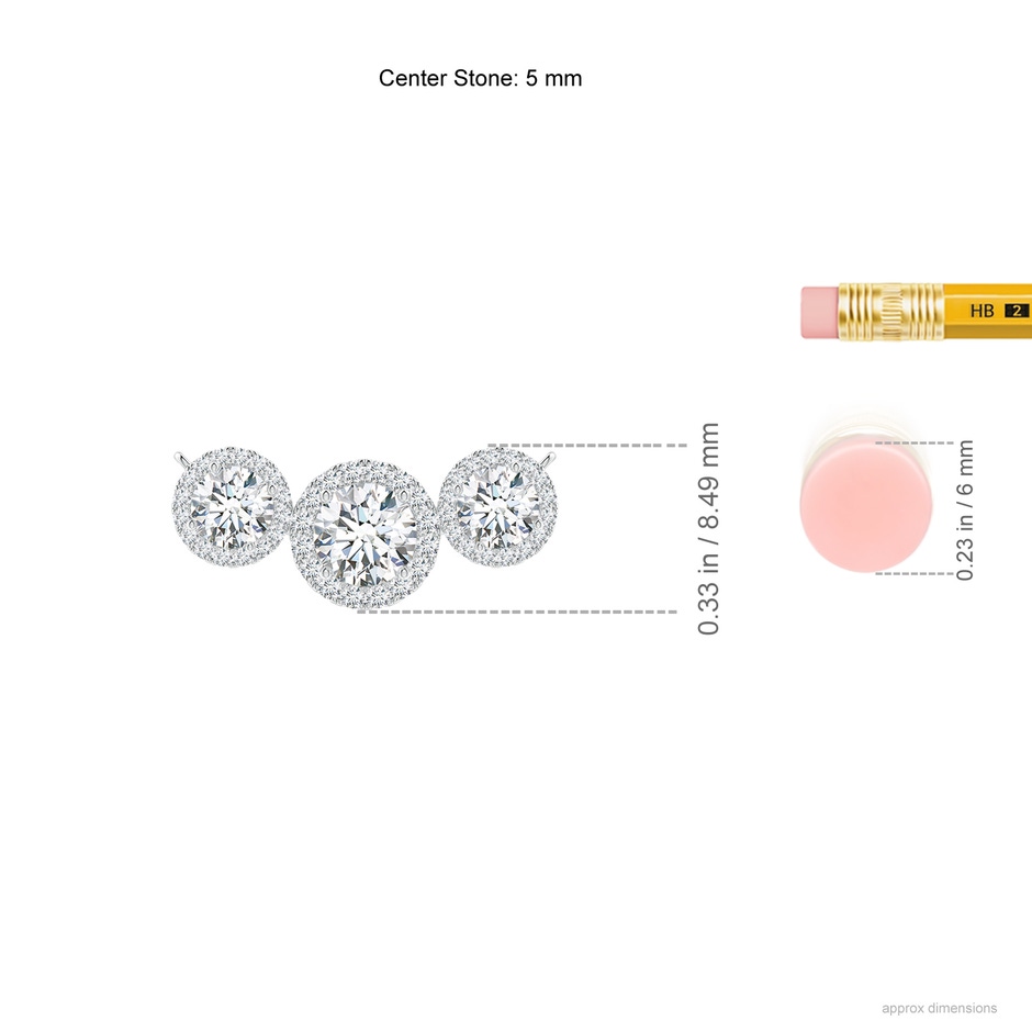 5mm FGVS Lab-Grown Three Stone Round Diamond Halo Pendant in 18K White Gold ruler