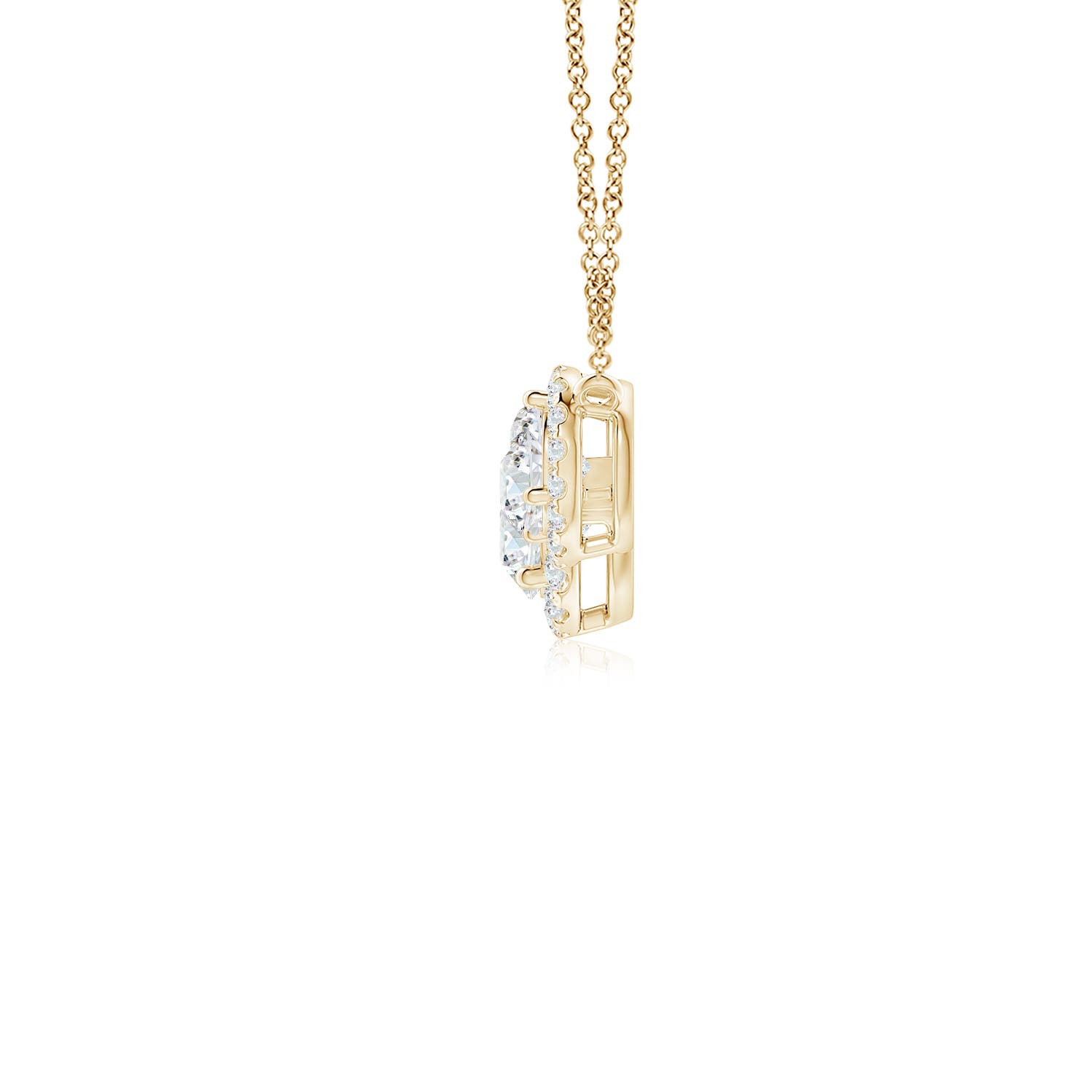 5mm FGVS Lab-Grown Three Stone Round Diamond Halo Pendant in 18K Yellow Gold