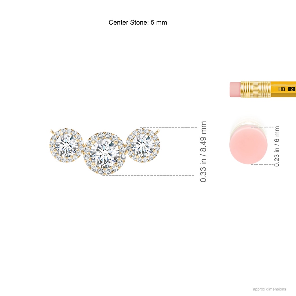 5mm FGVS Lab-Grown Three Stone Round Diamond Halo Pendant in Yellow Gold ruler