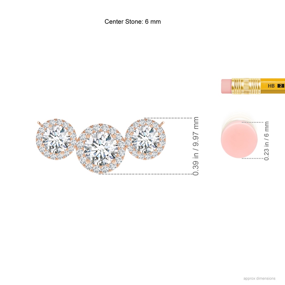 6mm FGVS Lab-Grown Three Stone Round Diamond Halo Pendant in Rose Gold ruler