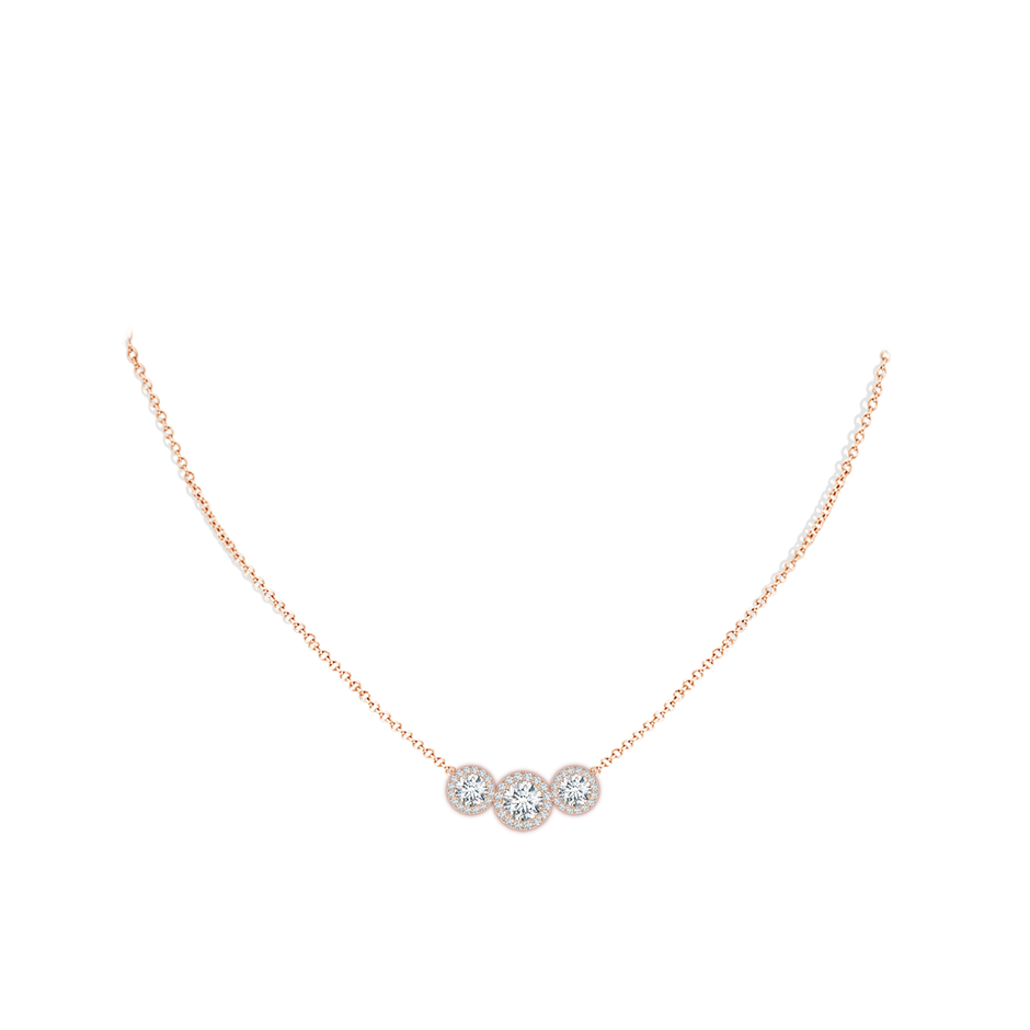 6mm FGVS Lab-Grown Three Stone Round Diamond Halo Pendant in Rose Gold pen
