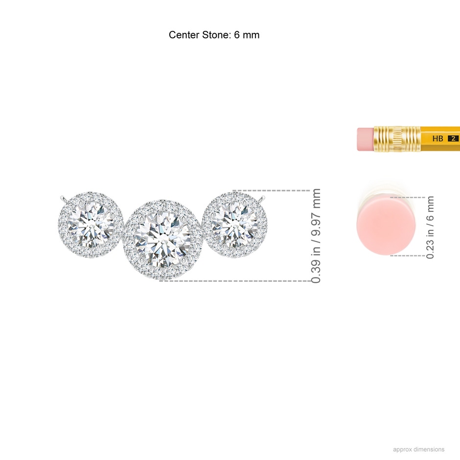 6mm FGVS Lab-Grown Three Stone Round Diamond Halo Pendant in White Gold ruler