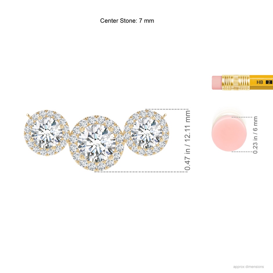 7mm FGVS Lab-Grown Three Stone Round Diamond Halo Pendant in Yellow Gold ruler