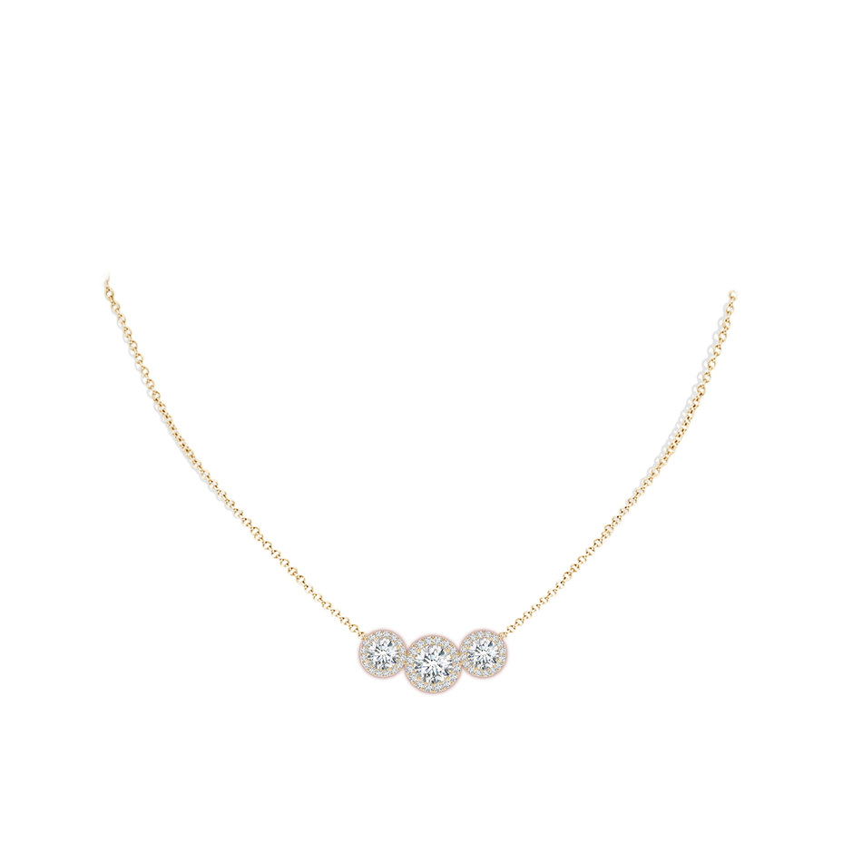 7mm FGVS Lab-Grown Three Stone Round Diamond Halo Pendant in Yellow Gold pen