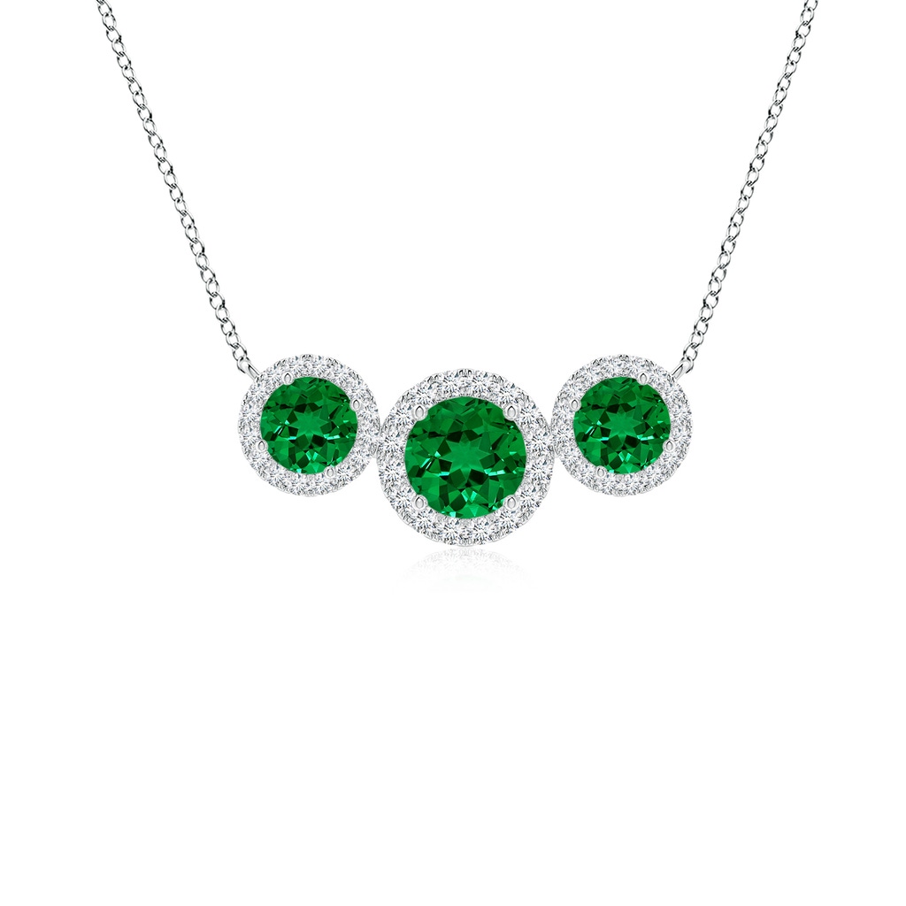 5mm Labgrown Lab-Grown Three Stone Round Emerald Halo Pendant in White Gold 