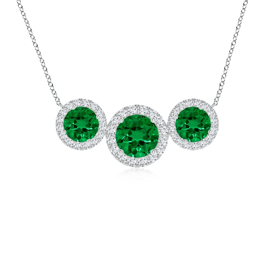 6mm Labgrown Lab-Grown Three Stone Round Emerald Halo Pendant in White Gold