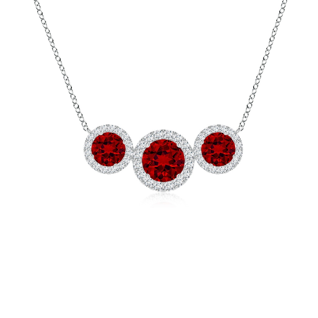 5mm Labgrown Lab-Grown Three Stone Round Ruby Halo Pendant in White Gold