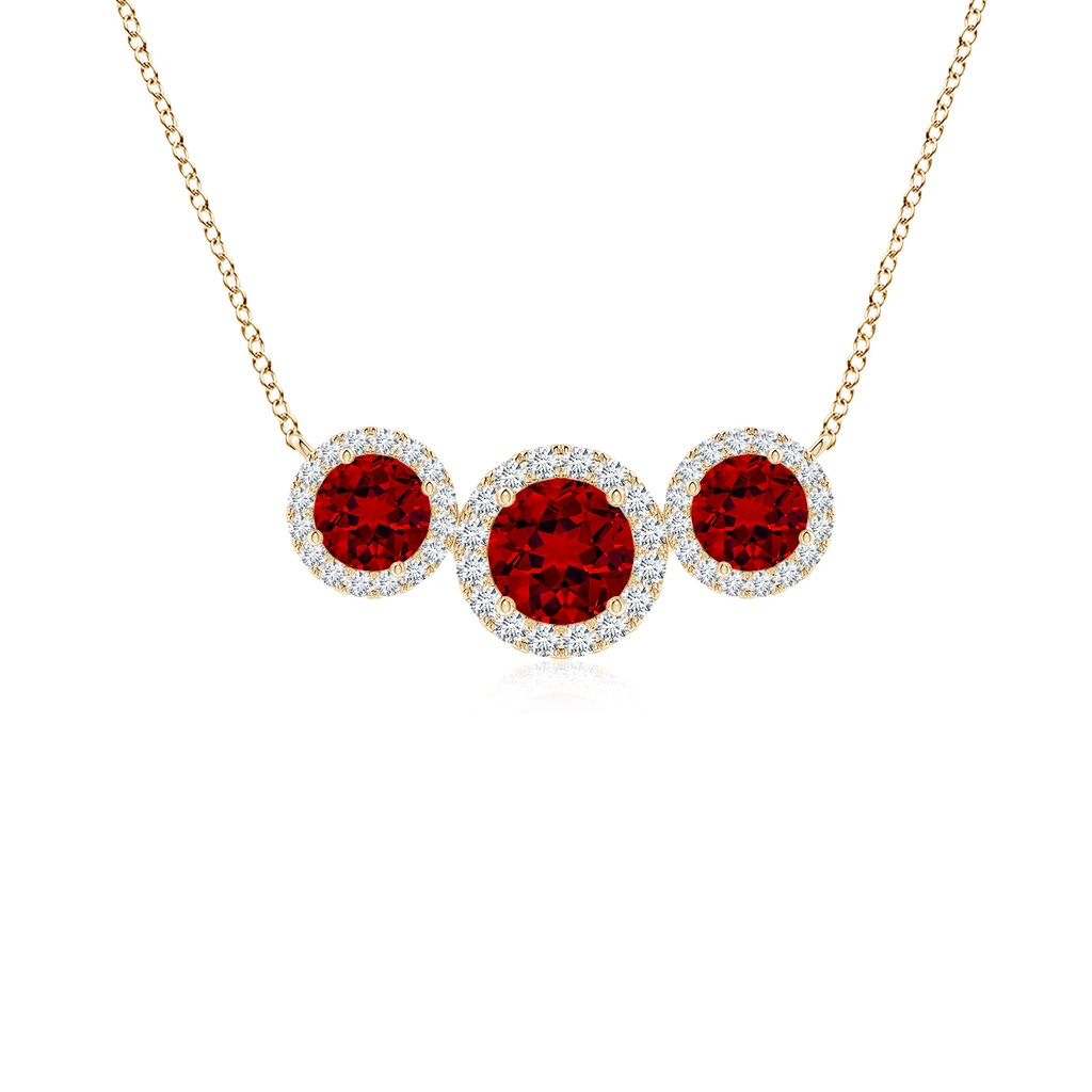 5mm Labgrown Lab-Grown Three Stone Round Ruby Halo Pendant in Yellow Gold