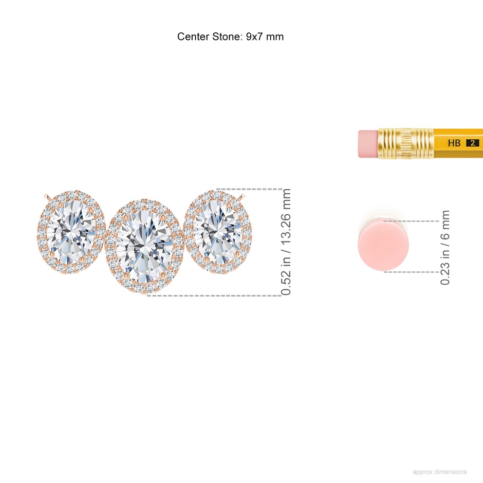 9x7mm FGVS Lab-Grown Three Stone Oval Diamond Halo Pendant in Rose Gold ruler