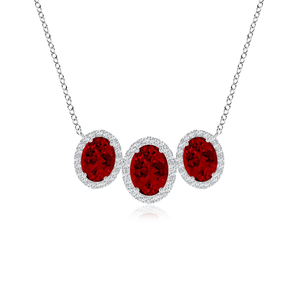 7x5mm Labgrown Lab-Grown Three Stone Oval Ruby Halo Pendant in White Gold