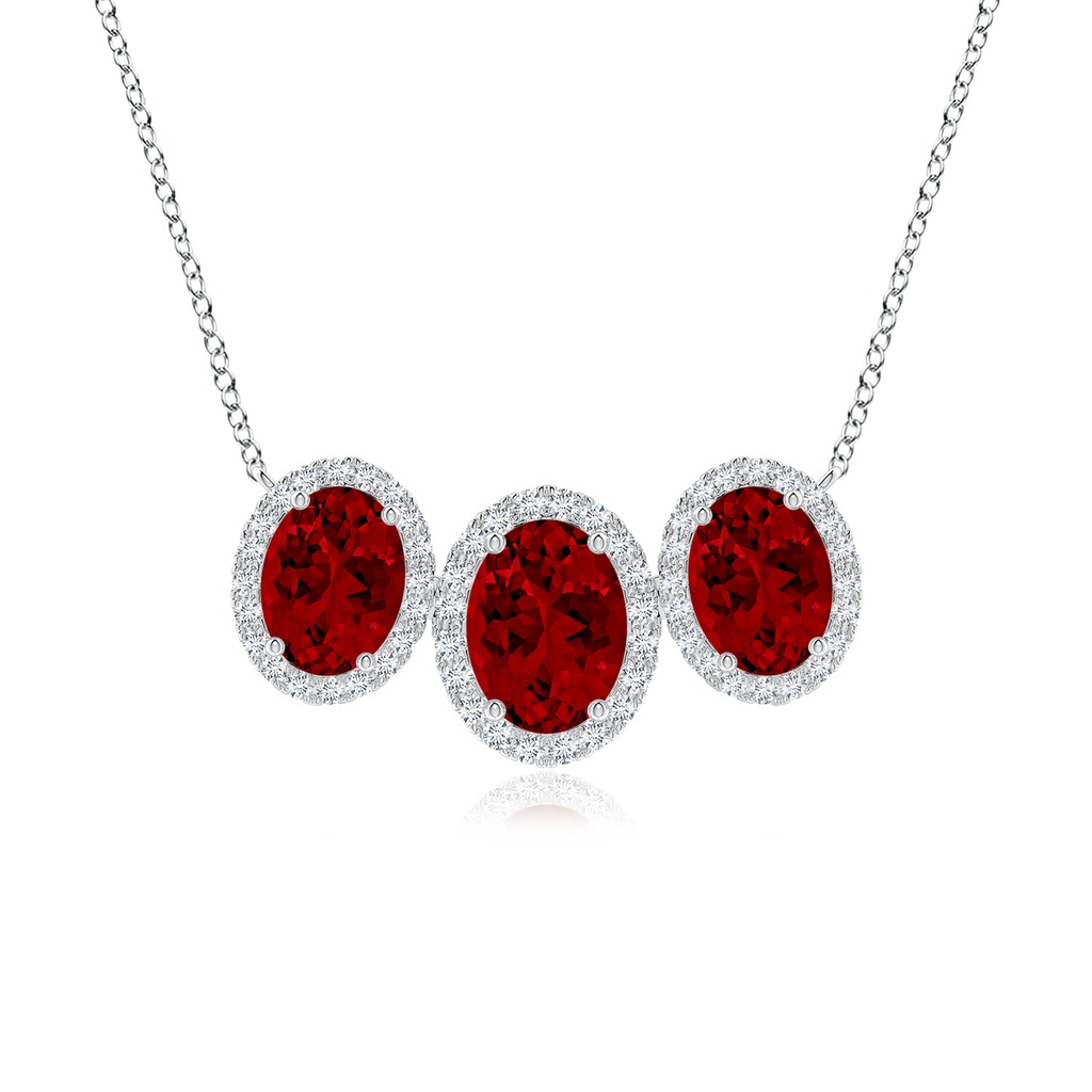 8x6mm Labgrown Lab-Grown Three Stone Oval Ruby Halo Pendant in White Gold