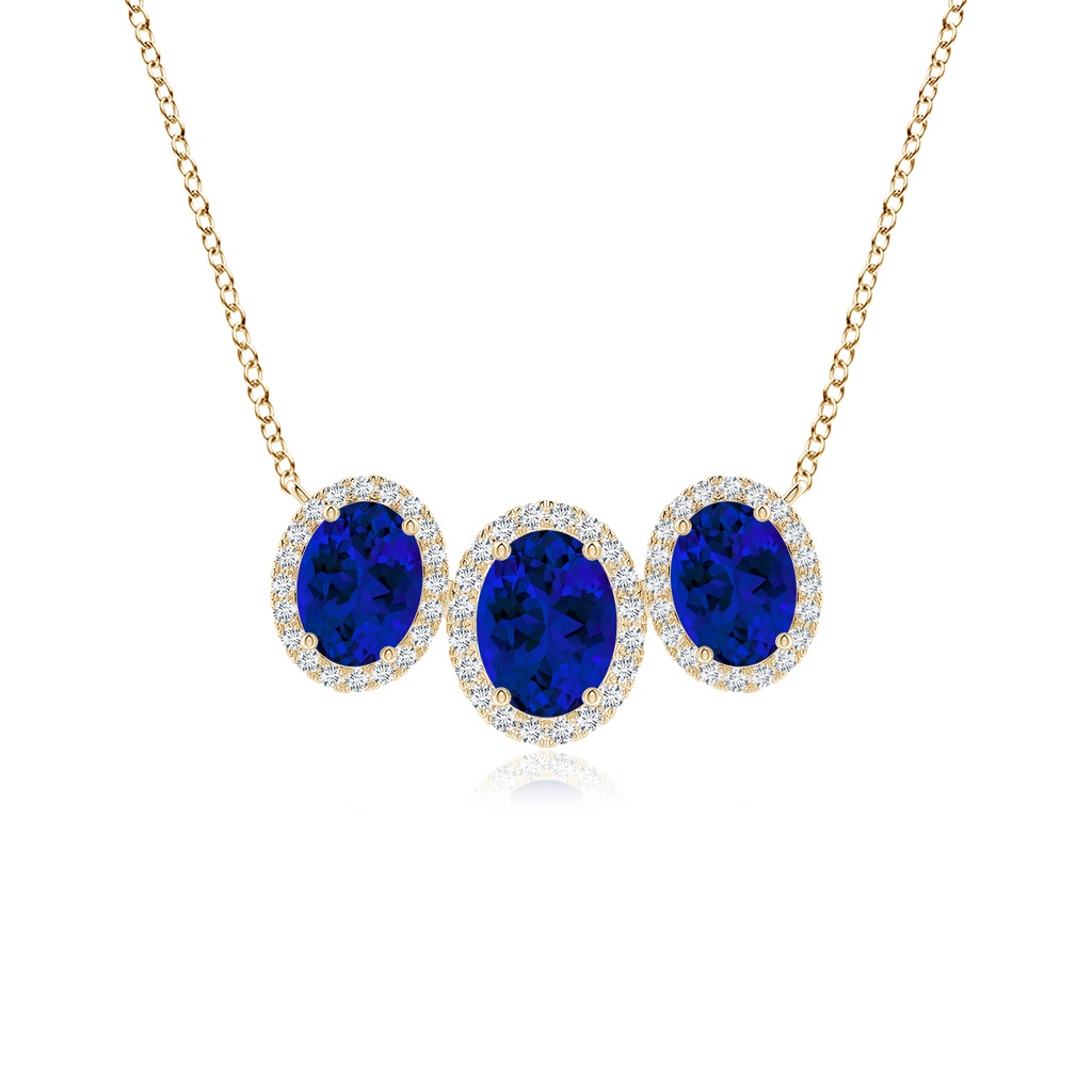 7x5mm Labgrown Lab-Grown Three Stone Oval Blue Sapphire Halo Pendant in Yellow Gold