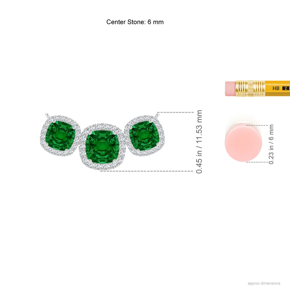 6mm Labgrown Lab-Grown Three Stone Cushion Emerald Halo Pendant in White Gold ruler