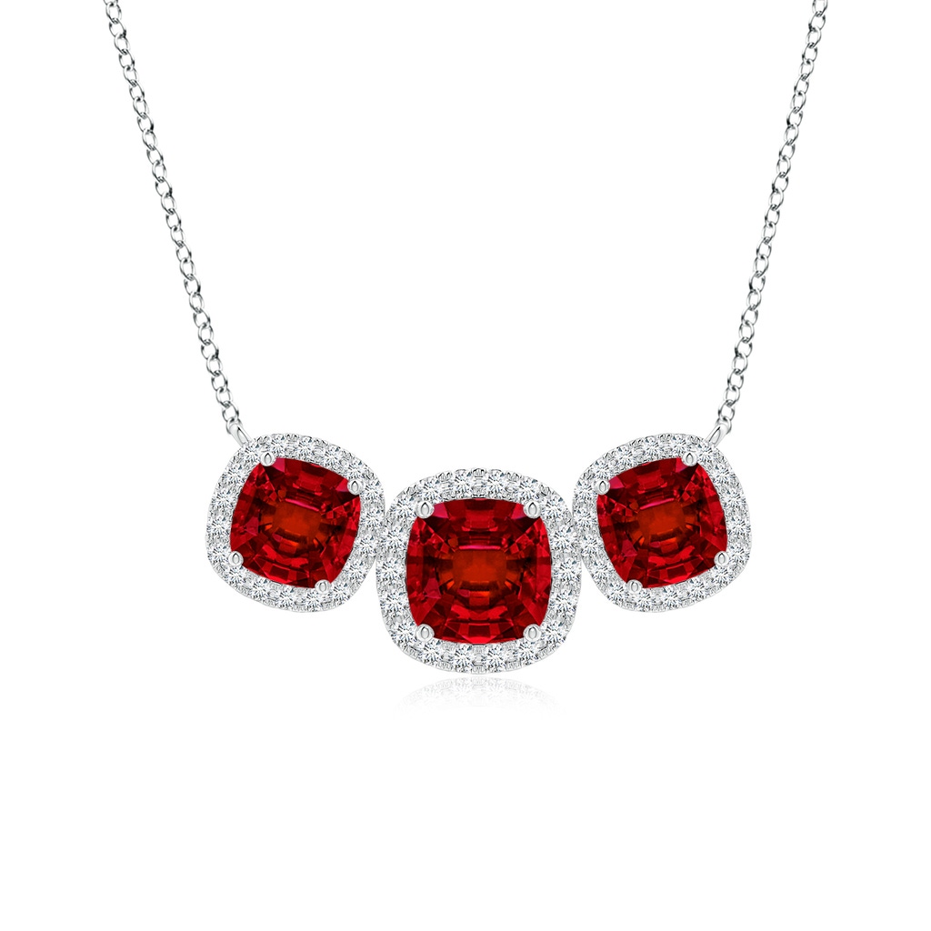 6mm Labgrown Lab-Grown Three Stone Cushion Ruby Halo Pendant in White Gold