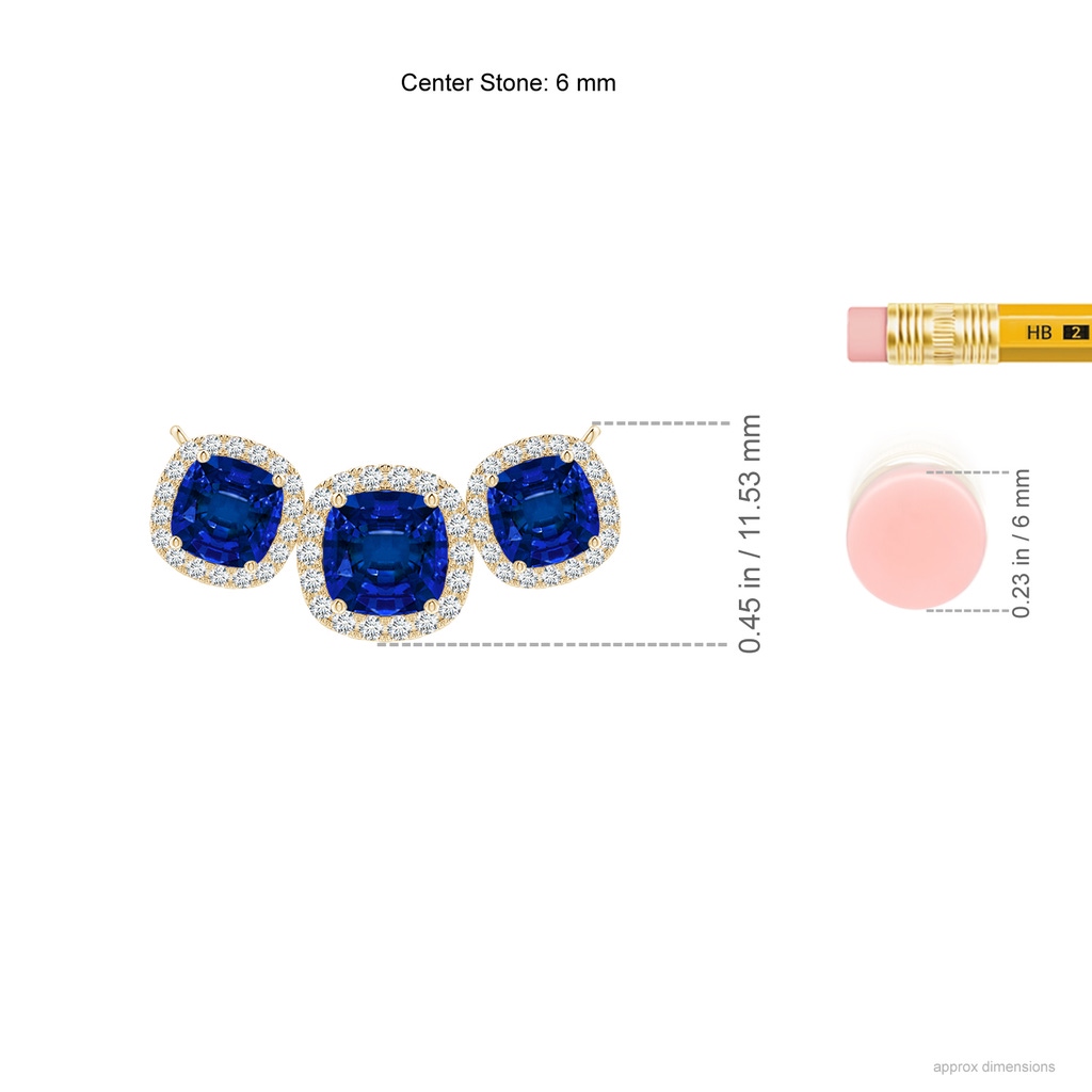 6mm Labgrown Lab-Grown Three Stone Cushion Blue Sapphire Halo Pendant in Yellow Gold ruler