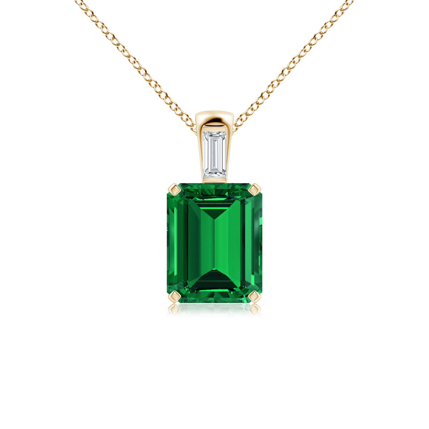 10x8mm Labgrown Emerald-Cut Lab-Grown Emerald Pendant with Baguette Diamond in 18K Yellow Gold