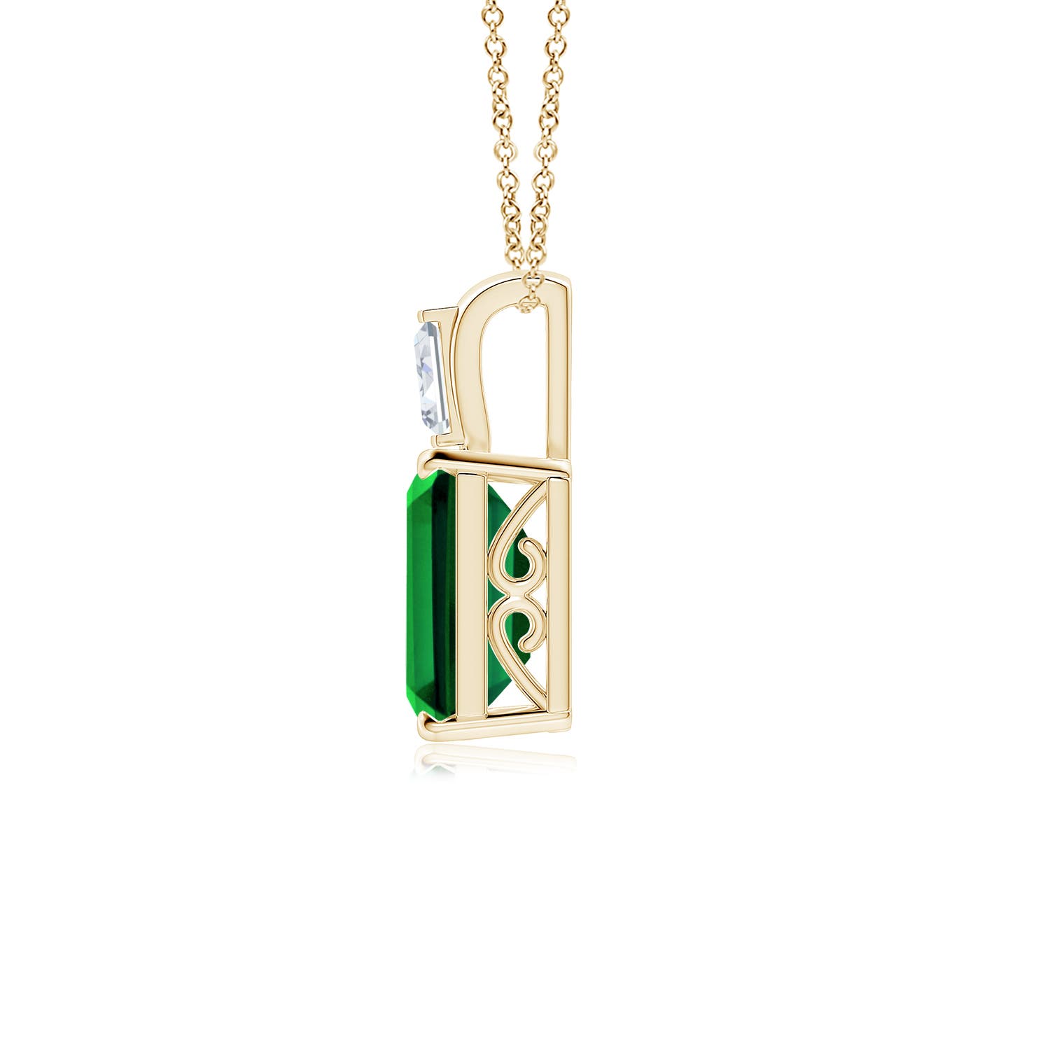 10x8mm Labgrown Emerald-Cut Lab-Grown Emerald Pendant with Baguette Diamond in 18K Yellow Gold