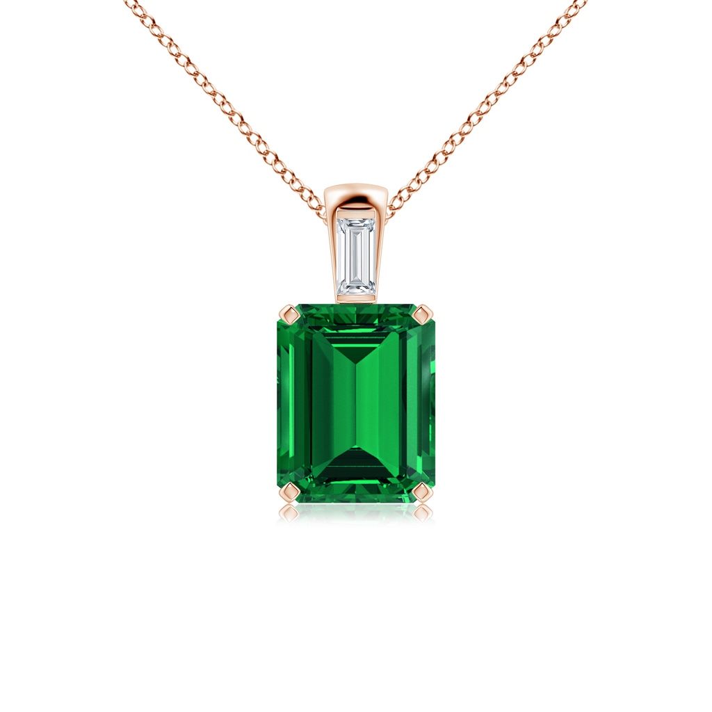 10x8mm Labgrown Emerald-Cut Lab-Grown Emerald Pendant with Baguette Diamond in Rose Gold