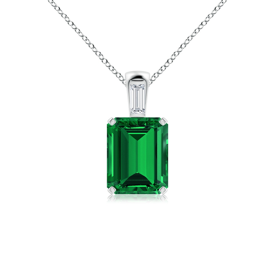 10x8mm Labgrown Emerald-Cut Lab-Grown Emerald Pendant with Baguette Diamond in White Gold 