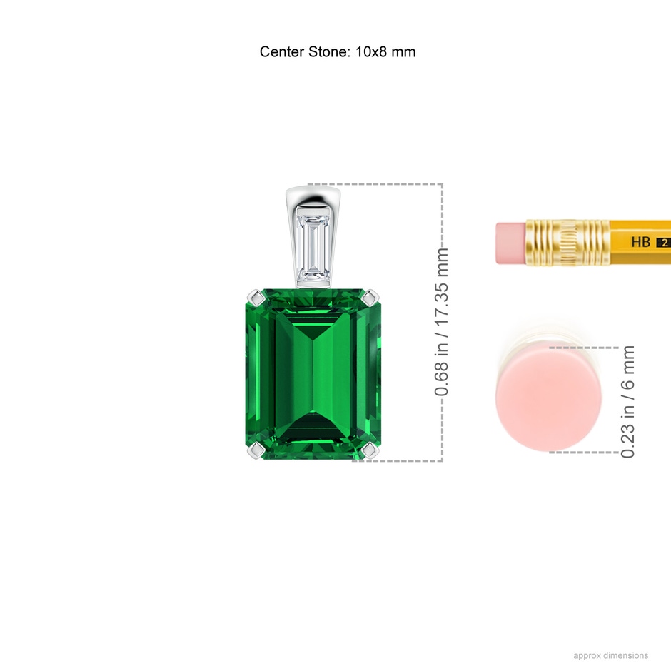 10x8mm Labgrown Emerald-Cut Lab-Grown Emerald Pendant with Baguette Diamond in White Gold ruler