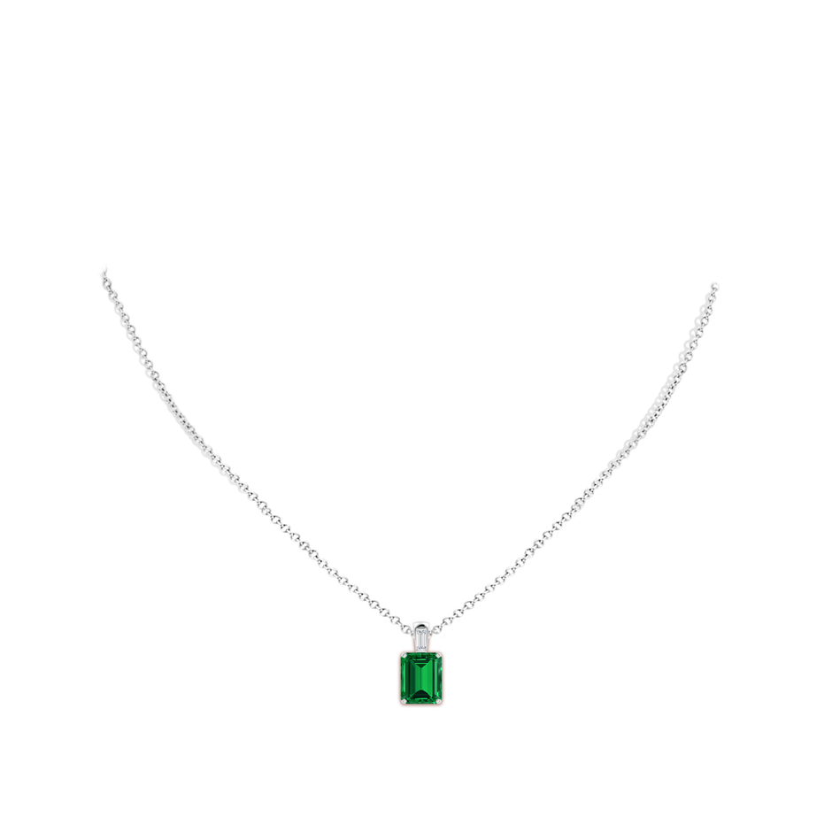 10x8mm Labgrown Emerald-Cut Lab-Grown Emerald Pendant with Baguette Diamond in White Gold pen