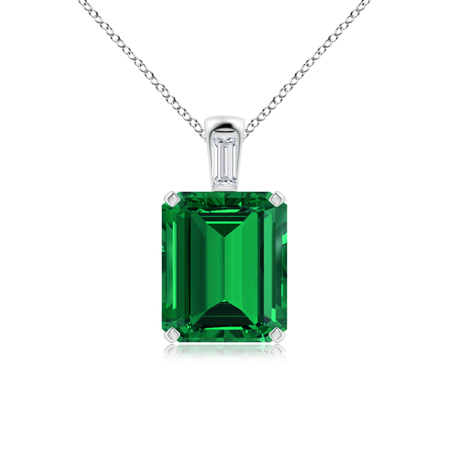 12x10mm Labgrown Emerald-Cut Lab-Grown Emerald Pendant with Baguette Diamond in 18K White Gold