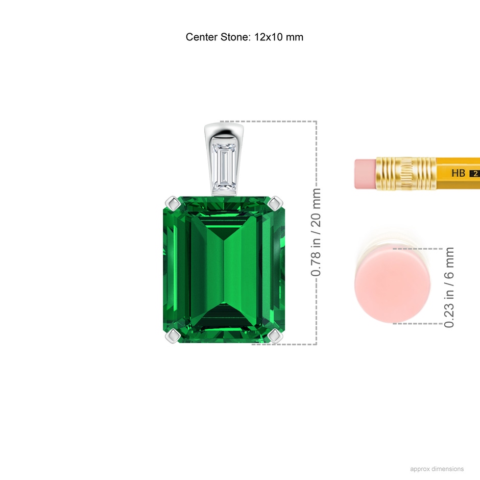 12x10mm Labgrown Emerald-Cut Lab-Grown Emerald Pendant with Baguette Diamond in 18K White Gold ruler