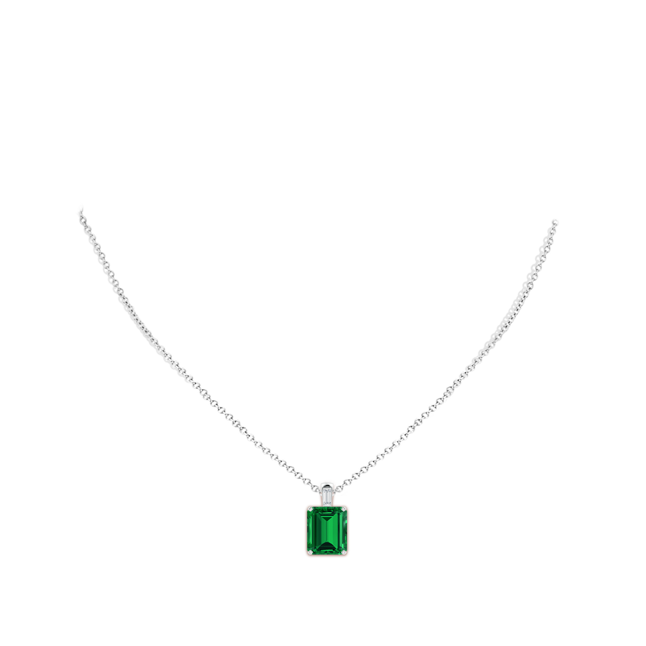 12x10mm Labgrown Emerald-Cut Lab-Grown Emerald Pendant with Baguette Diamond in 18K White Gold pen