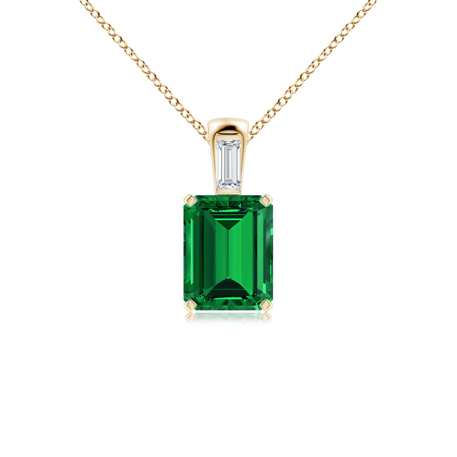 9x7mm Labgrown Emerald-Cut Lab-Grown Emerald Pendant with Baguette Diamond in 18K Yellow Gold