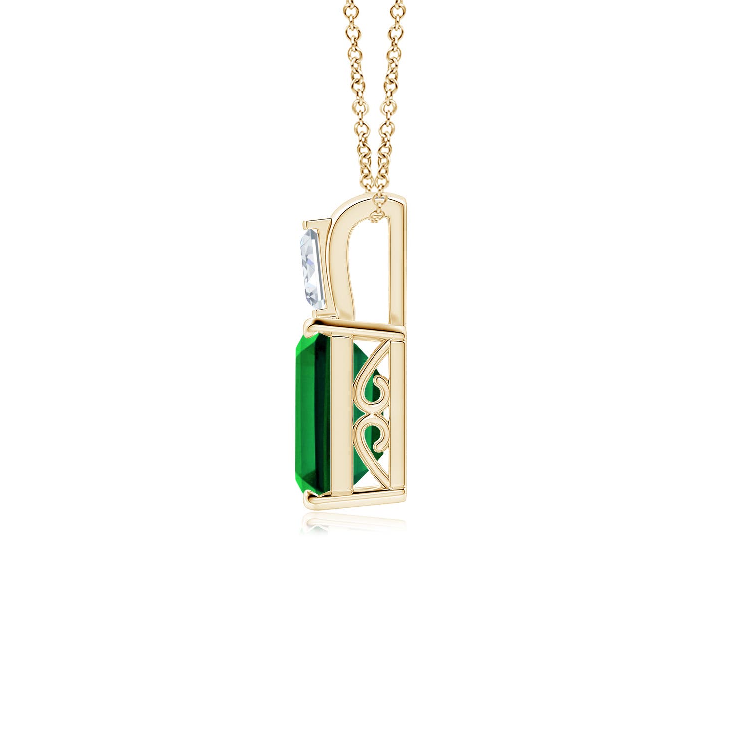 9x7mm Labgrown Emerald-Cut Lab-Grown Emerald Pendant with Baguette Diamond in 18K Yellow Gold