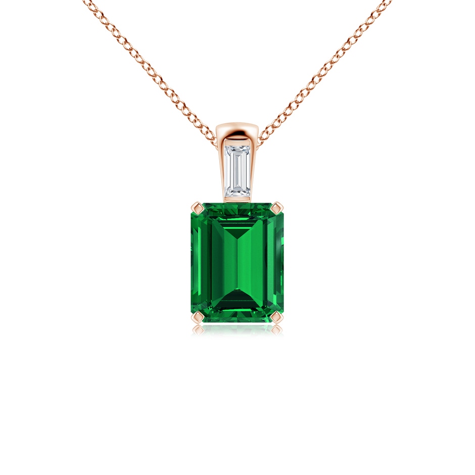 9x7mm Labgrown Emerald-Cut Lab-Grown Emerald Pendant with Baguette Diamond in Rose Gold 