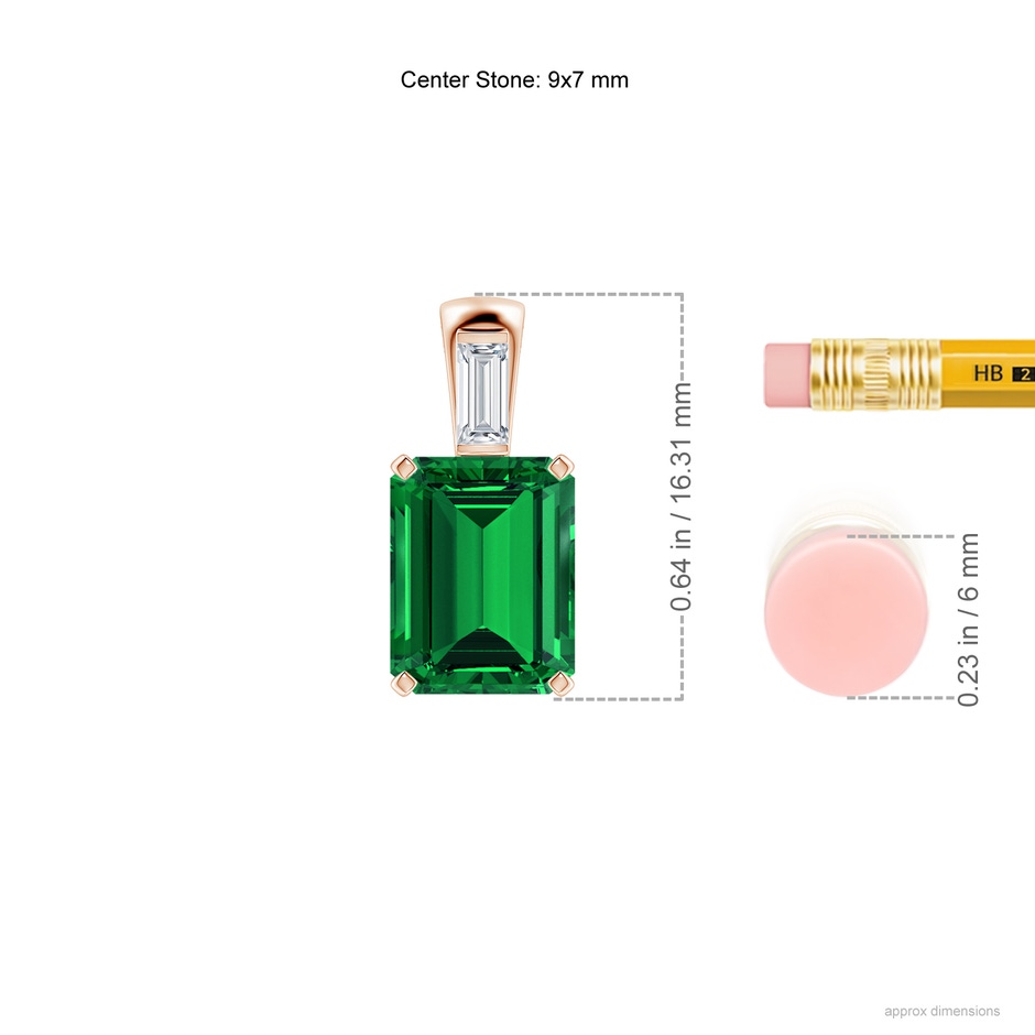 9x7mm Labgrown Emerald-Cut Lab-Grown Emerald Pendant with Baguette Diamond in Rose Gold ruler