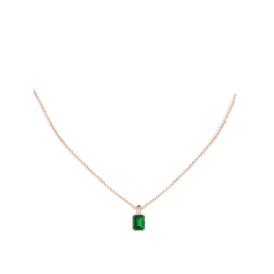 9x7mm Labgrown Emerald-Cut Lab-Grown Emerald Pendant with Baguette Diamond in Rose Gold pen