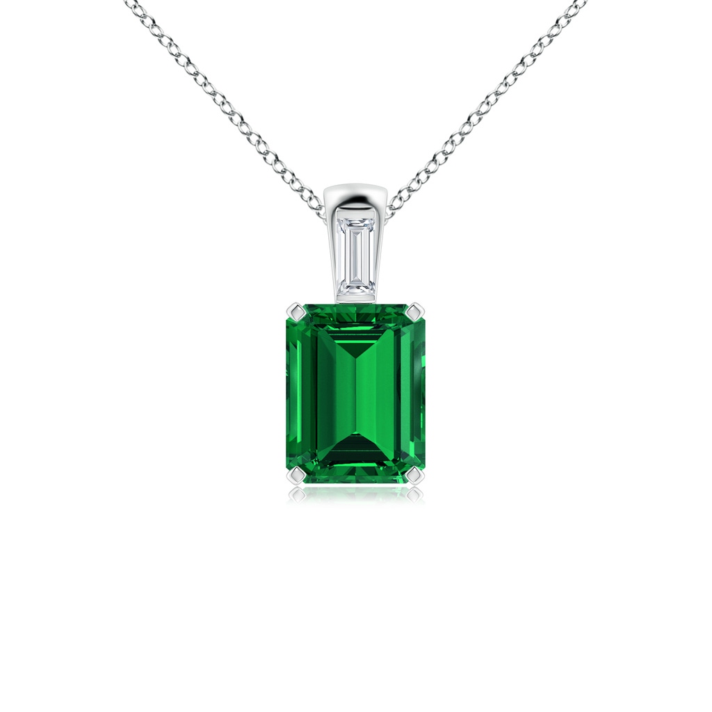 9x7mm Labgrown Lab-Grown Emerald-Cut Emerald Pendant with Lab Baguette Diamond in White Gold