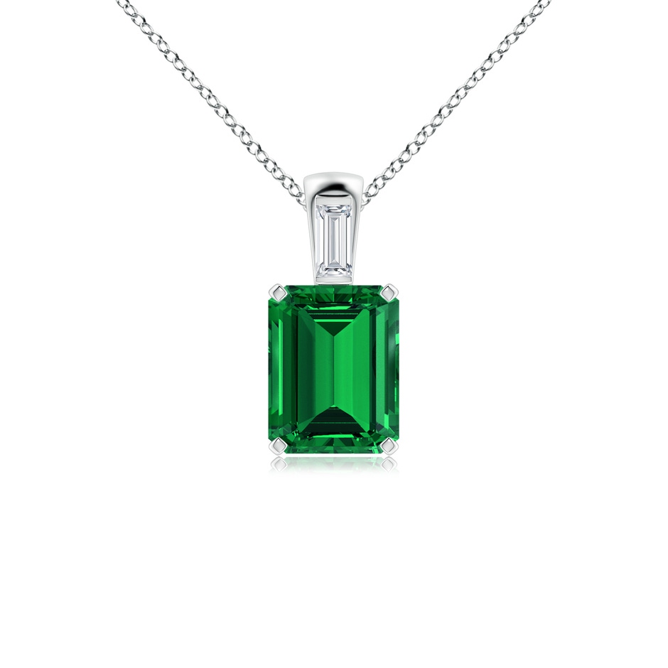 9x7mm Labgrown Emerald-Cut Lab-Grown Emerald Pendant with Baguette Diamond in White Gold 