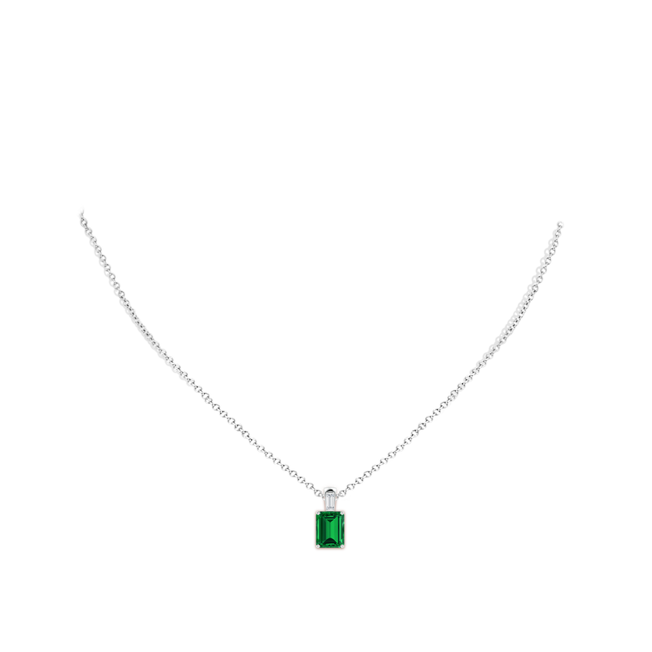 9x7mm Labgrown Emerald-Cut Lab-Grown Emerald Pendant with Baguette Diamond in White Gold pen