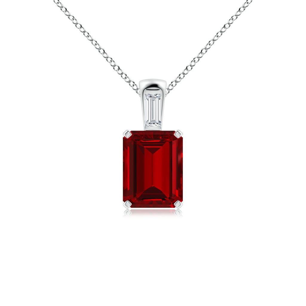 9x7mm Labgrown Lab-Grown Emerald-Cut Ruby Pendant with Lab Baguette Diamond in White Gold