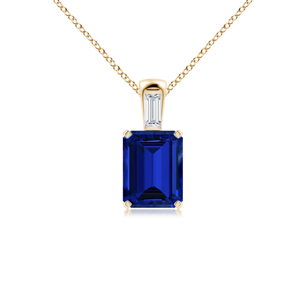 9x7mm Labgrown Lab-Grown Emerald-Cut Blue Sapphire Pendant with Lab Baguette Diamond in Yellow Gold